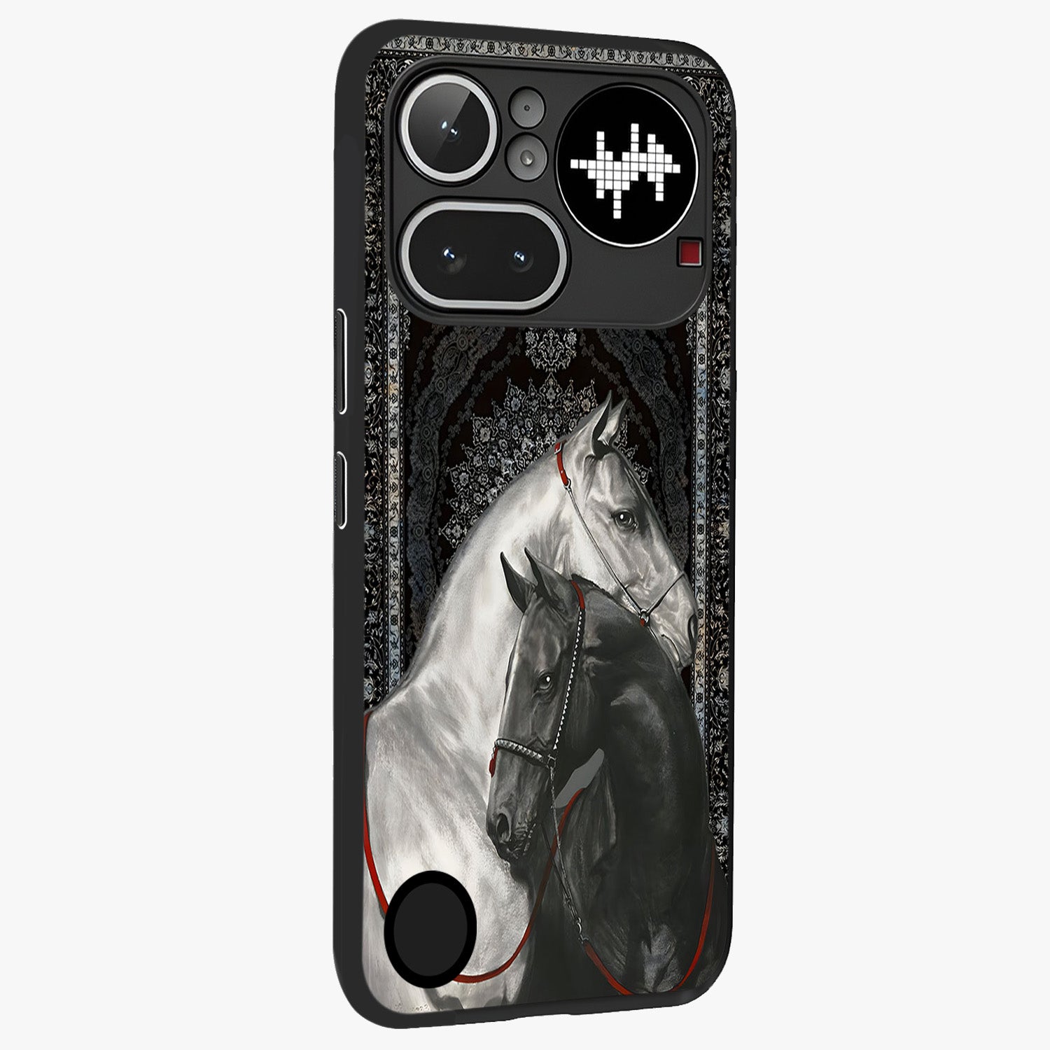 Majestic Ride Legacy Glass Case upright view showcasing dynamic ride inspired artwork with modern automotive theme.