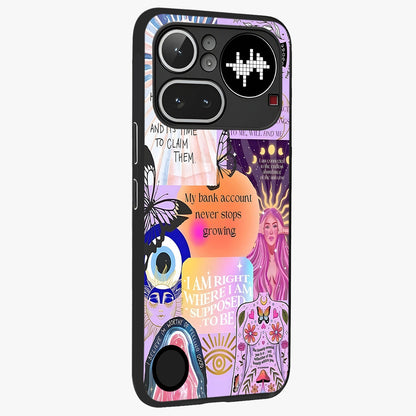 Manifestation Collage Glass Case upright view showcasing artistic manifestation themed artwork with creative style.