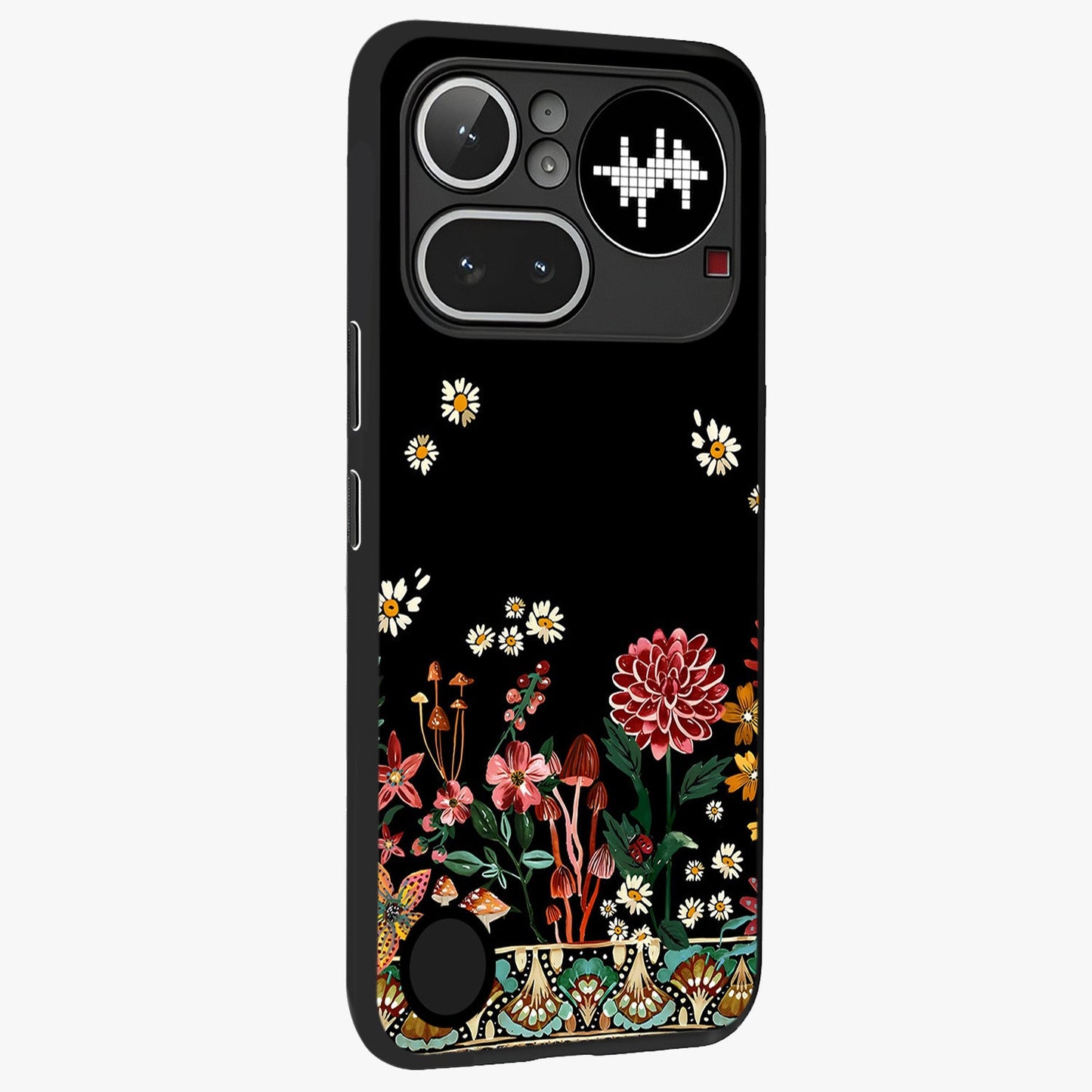 Midnight Bloom Pattern Glass Case upright view showcasing decorative floral artwork with deep night themed palette.
