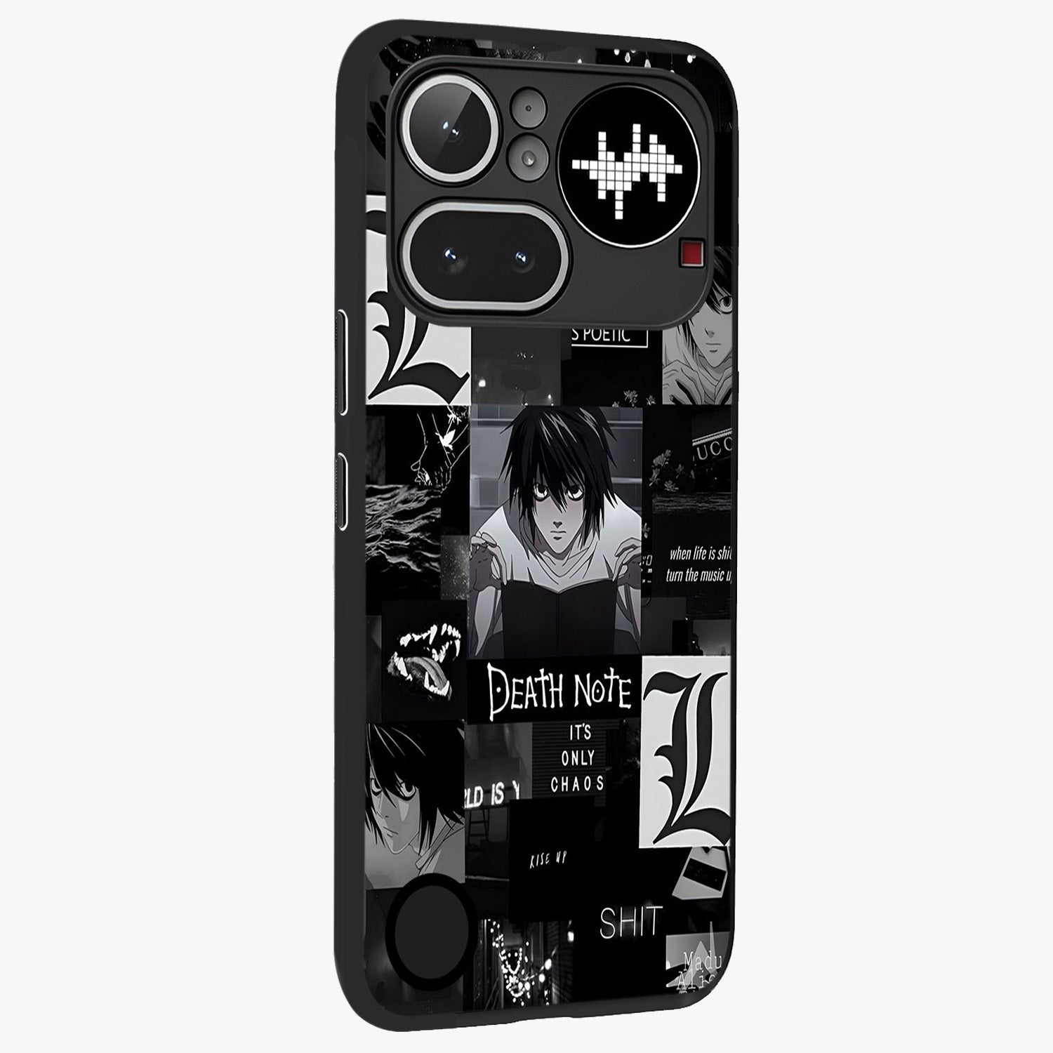 Midnight Chaos Mind Glass Case upright view showcasing expressive abstract artwork with bold dark theme.