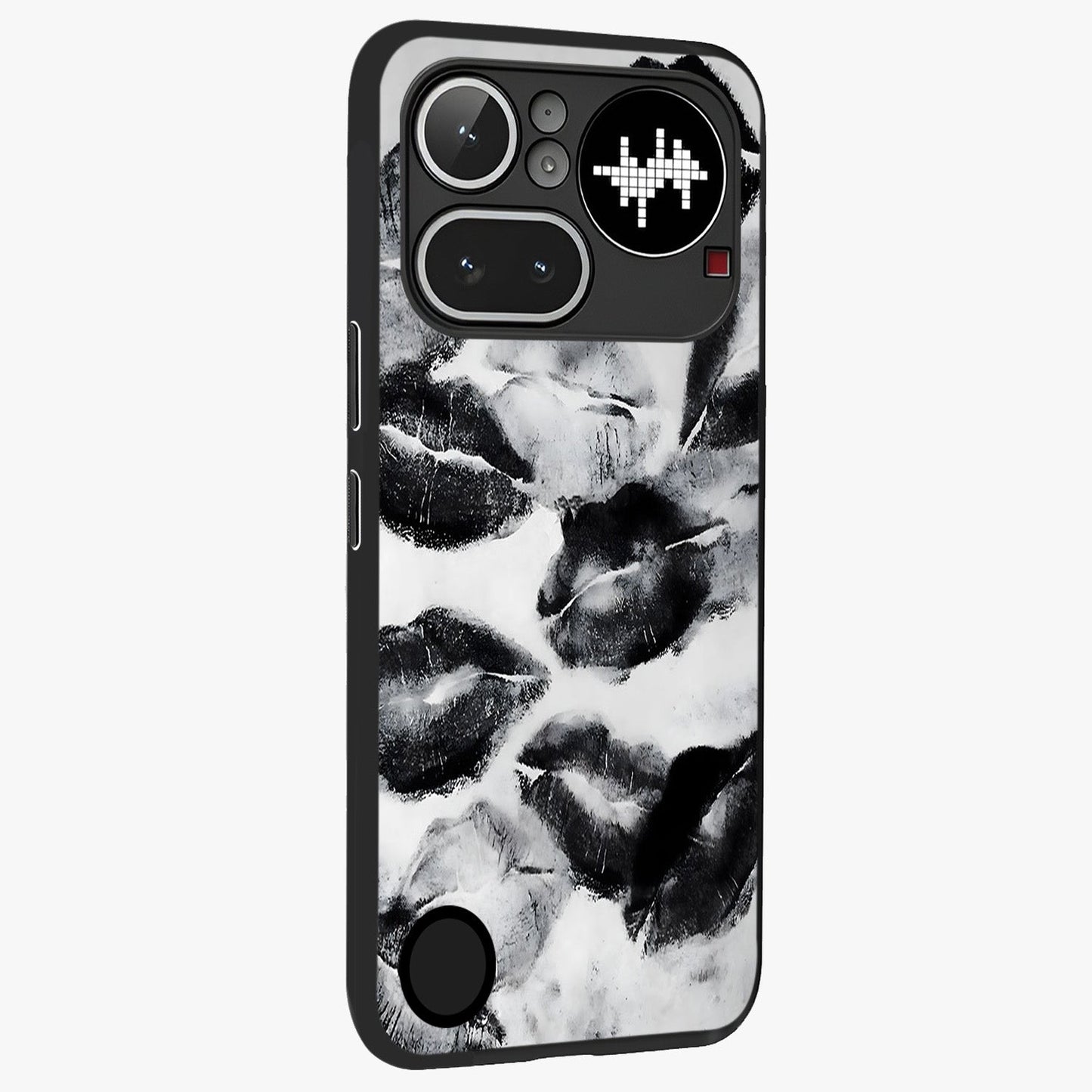 Midnight Kiss Marks Glass Case upright view showcasing stylish kiss mark artwork with trendy romantic theme.