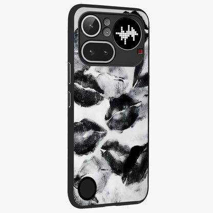 Midnight Kiss Marks Glass Case upright view showcasing stylish kiss mark artwork with trendy romantic theme.