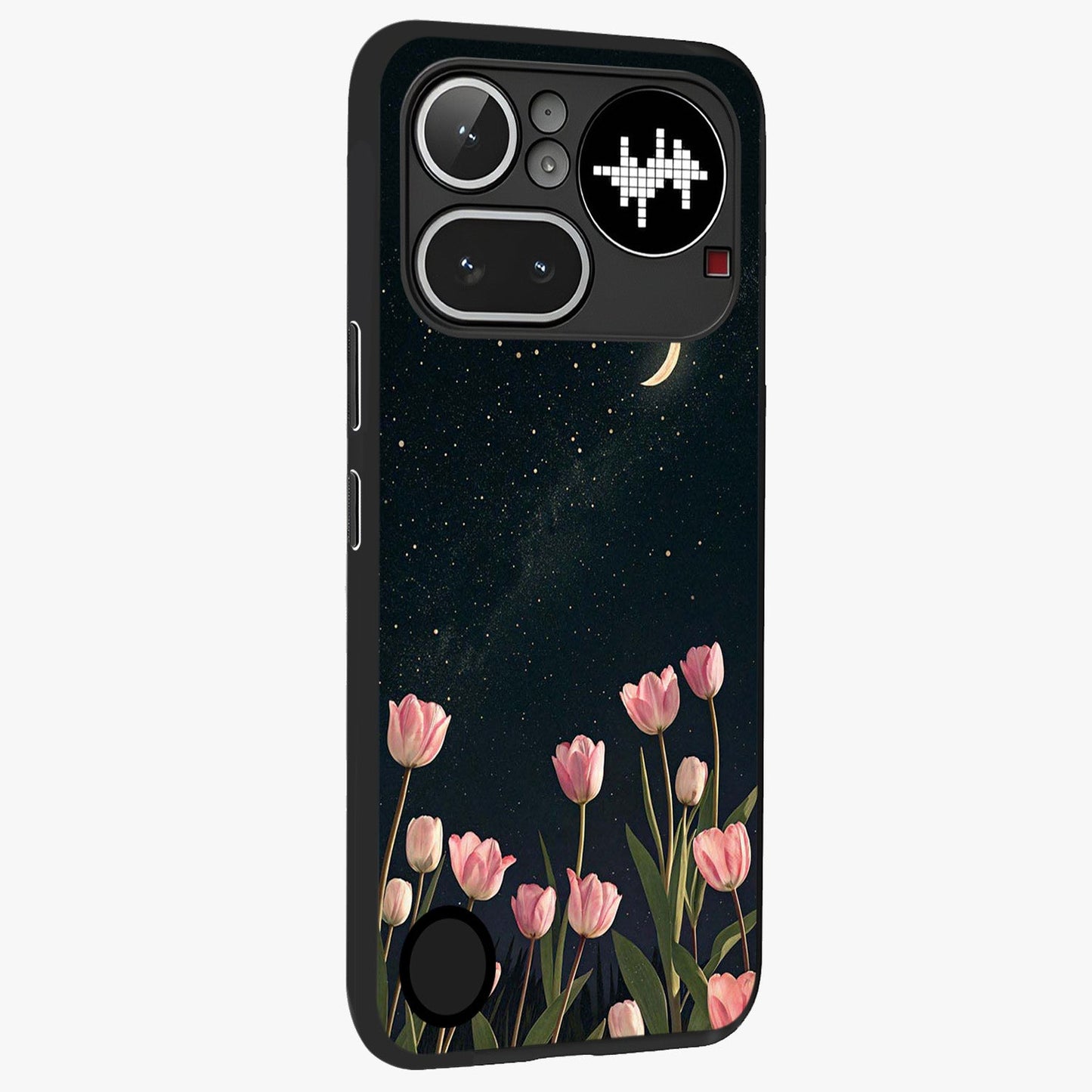 Midnight Tulip Whispers Vibe Glass Case upright view showcasing graceful tulip artwork with calm botanical theme.