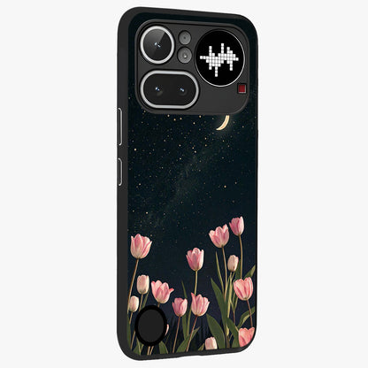 Midnight Tulip Whispers Vibe Glass Case upright view showcasing graceful tulip artwork with calm botanical theme.