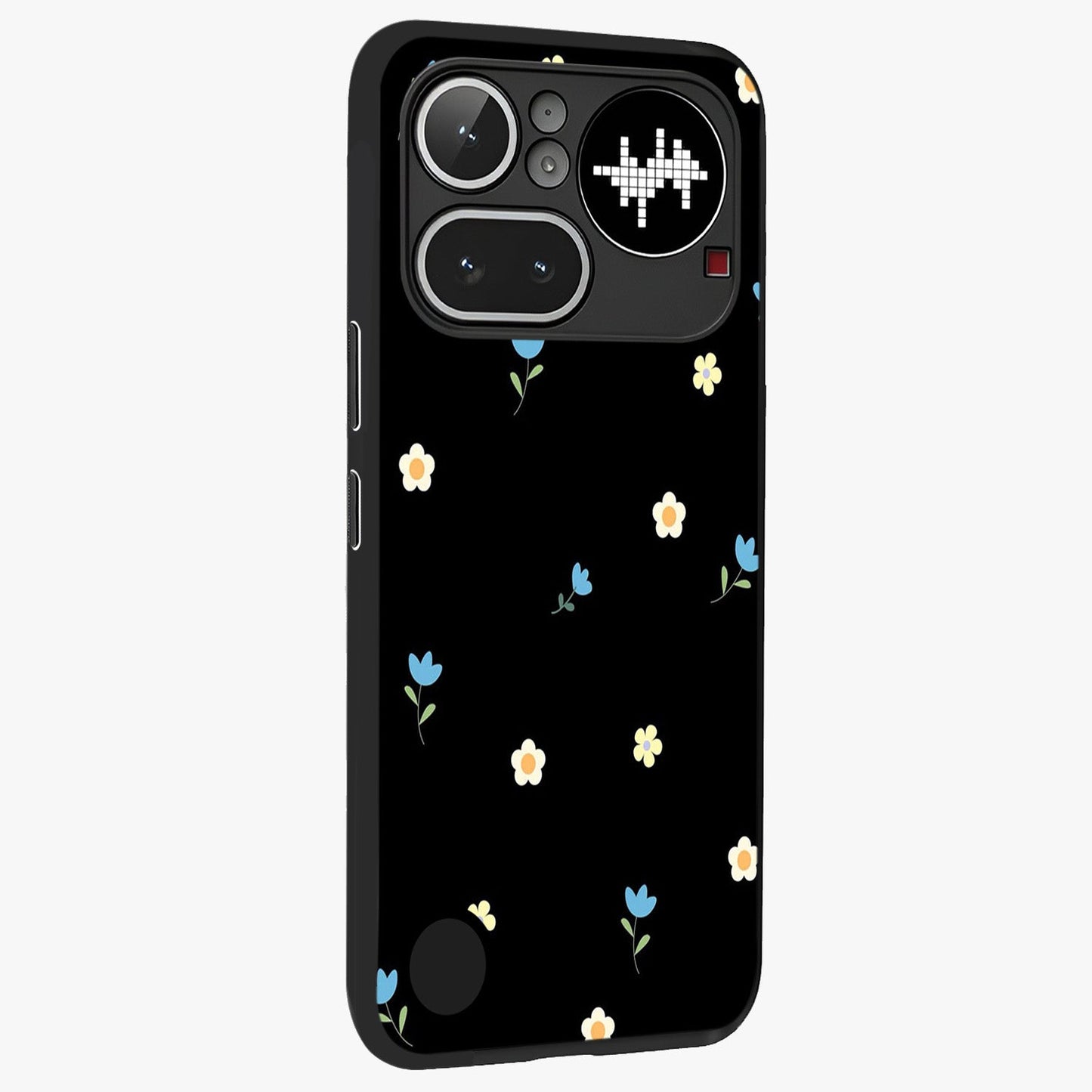 Minimal Petal Whispers Glass Case upright view showcasing elegant floral artwork with modern minimalist style.