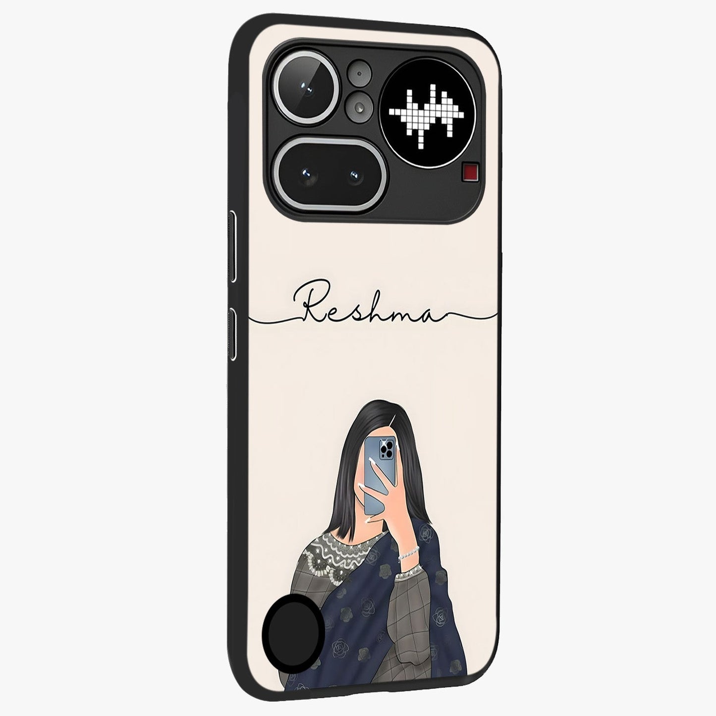 Mirror Mood Muse With Custom Name Glass Case upright view showcasing artistic mirror themed artwork with personalized aesthetic.