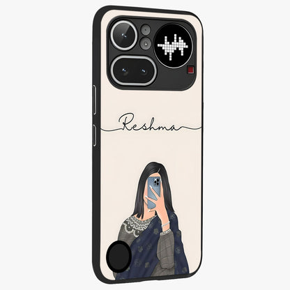 Mirror Mood Muse With Custom Name Glass Case upright view showcasing artistic mirror themed artwork with personalized aesthetic.