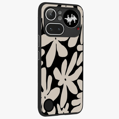 Monochrome Petal Dance Glass Case upright view showcasing artistic floral pattern with stylish monochrome theme.