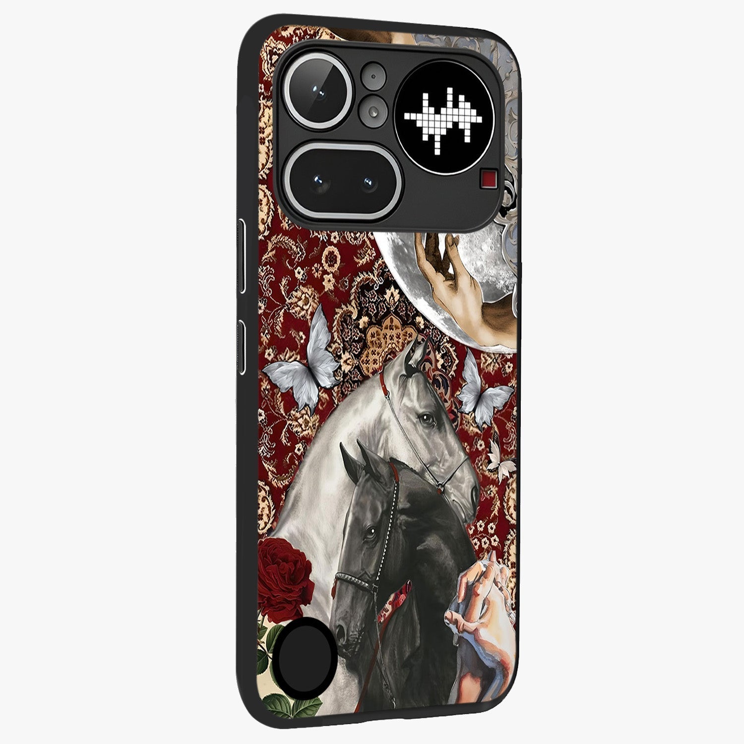 Moonlit Royal Stallion Glass Case upright view showcasing dramatic horse artwork with glowing moon themed design.