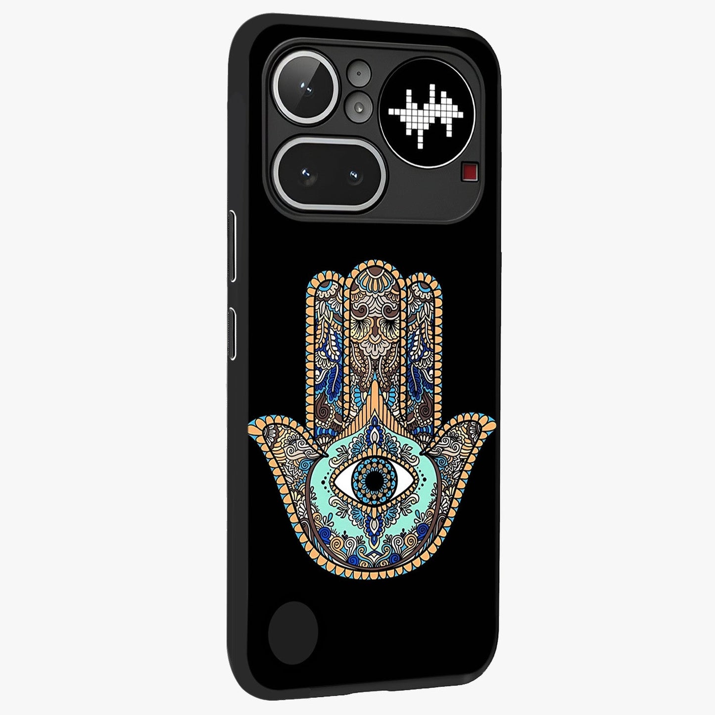 Mystic Hamsa Eye Glass Case upright view showcasing detailed hamsa eye artwork with protective spiritual theme.