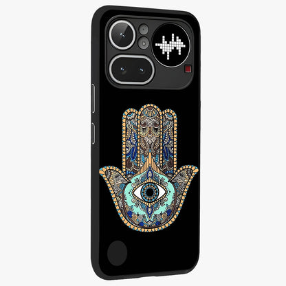 Mystic Hamsa Eye Glass Case upright view showcasing detailed hamsa eye artwork with protective spiritual theme.
