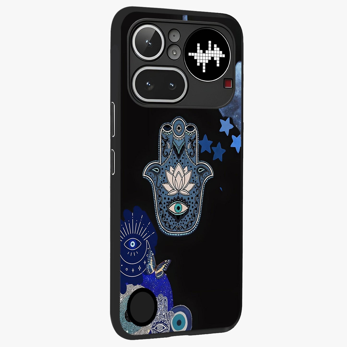 Mystic Hand Aura Glass Case upright view showcasing symbolic hand artwork with mystical energy theme.