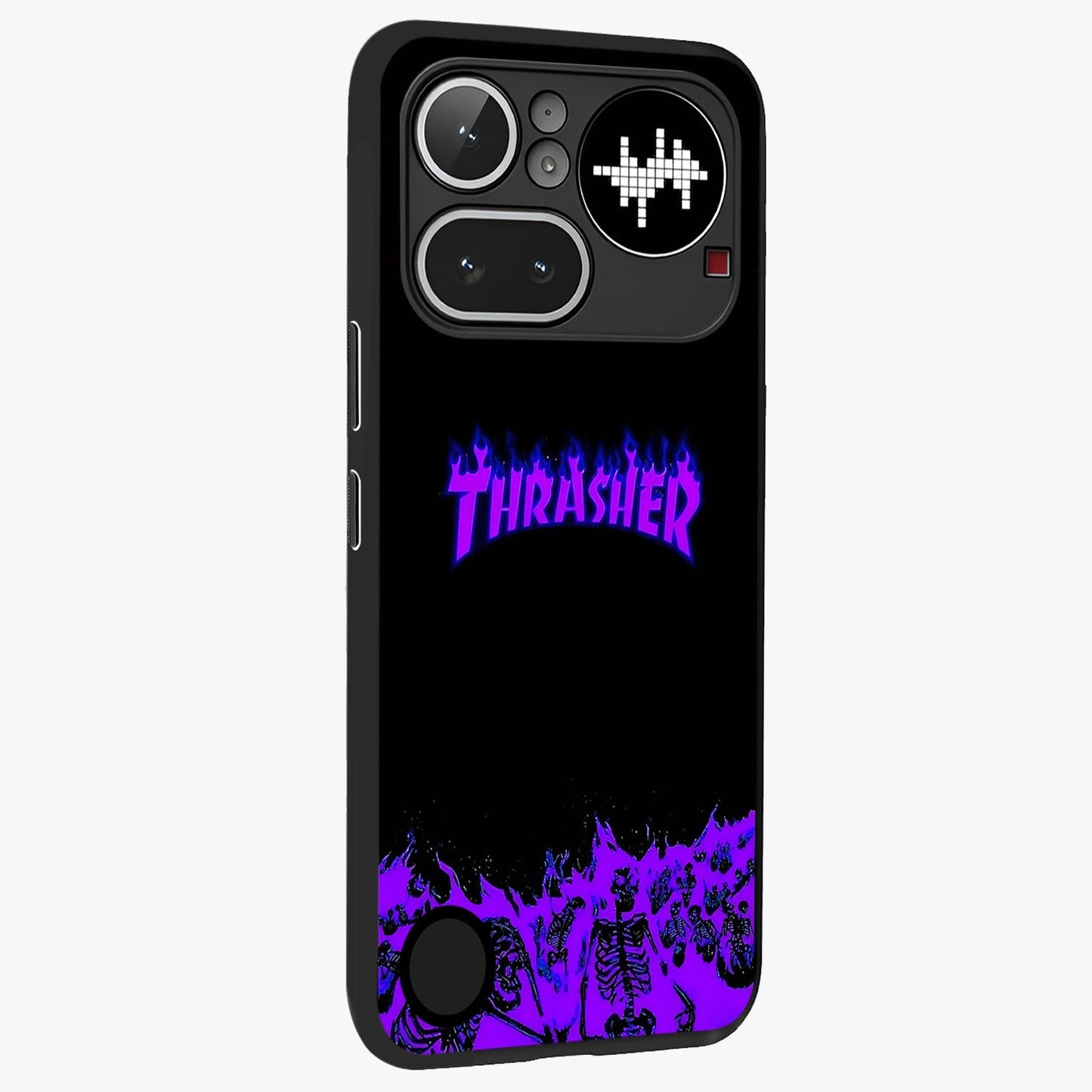 Neon Flame Riot Glass Case upright view showcasing dynamic flame artwork with energetic neon theme.