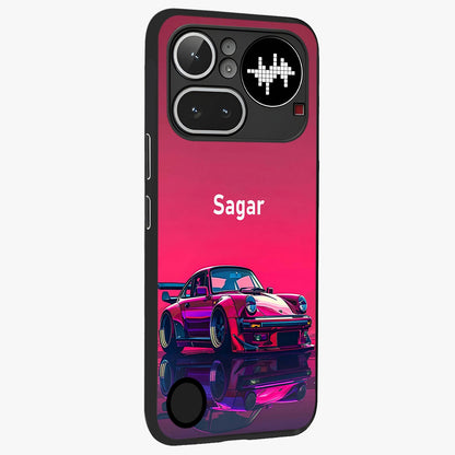 Neon Pink Porsche Glass Case upright view showcasing vibrant sports car artwork with bold automotive theme.
