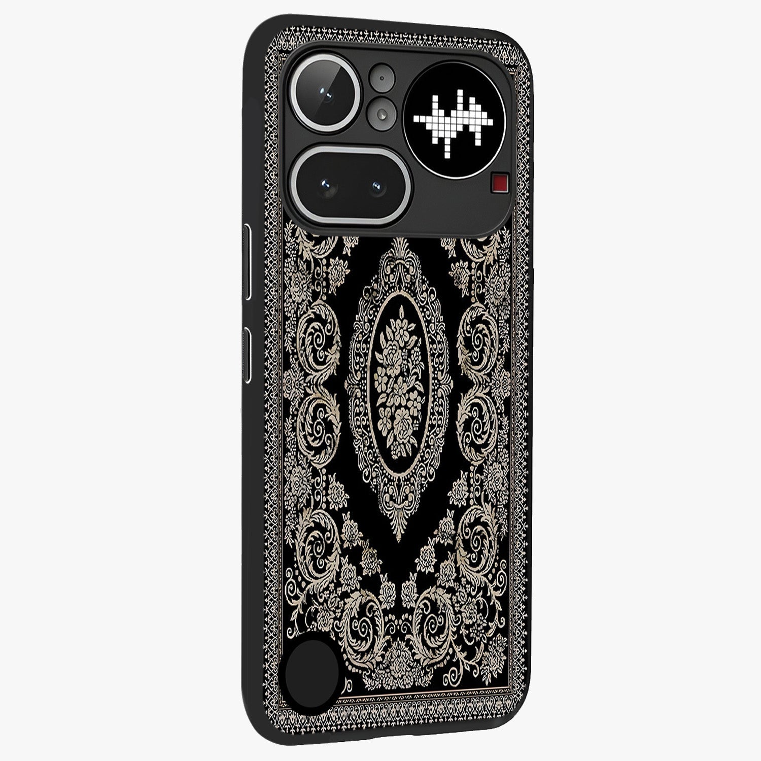 Noir Bloom Elegance Glass Case upright view showcasing graceful floral artwork with luxurious dark theme.