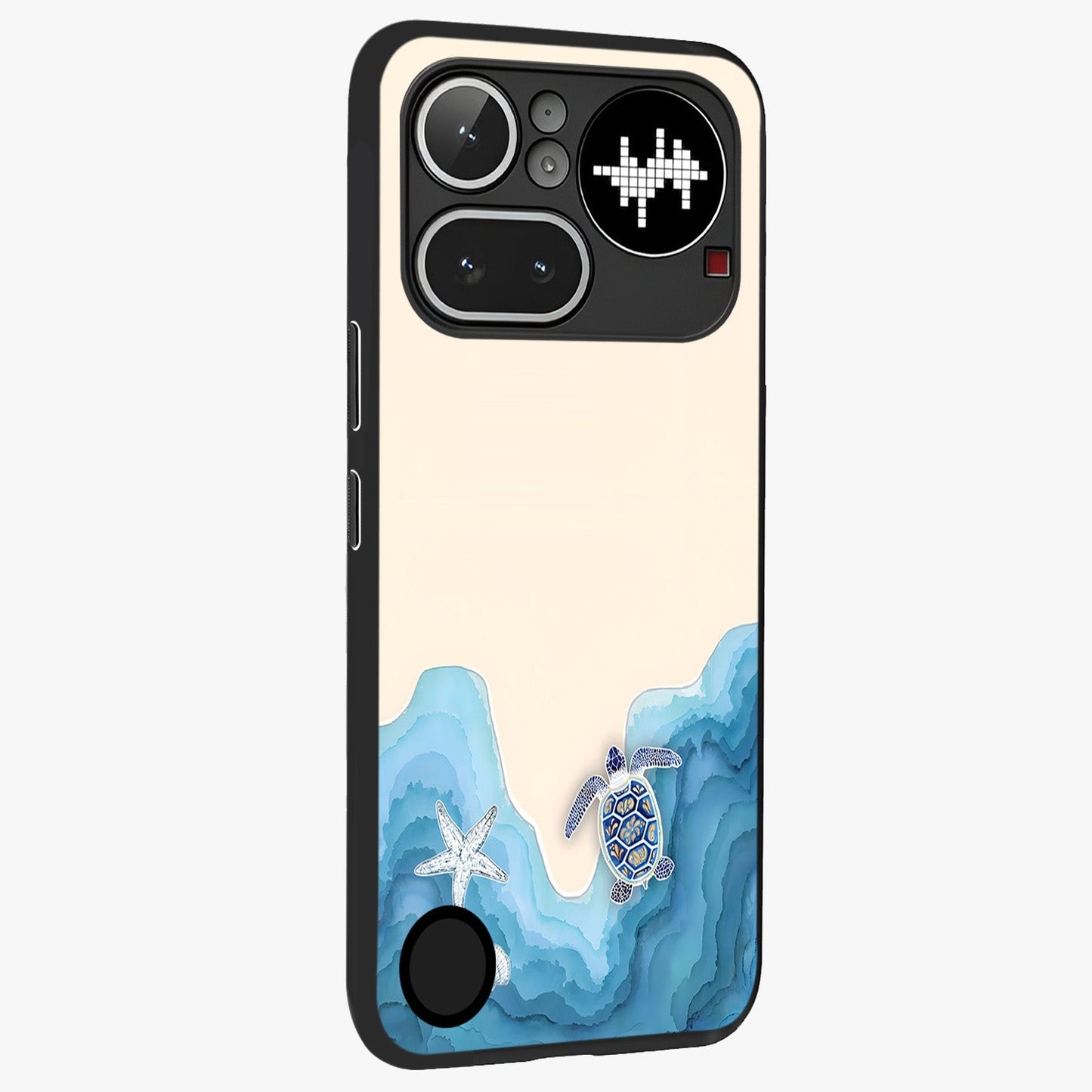 Ocean Drift Turtle Glass Case upright view showcasing calm underwater turtle artwork with nature inspired theme.