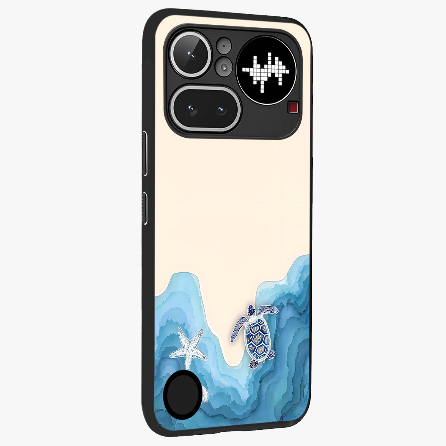 Ocean Drift Turtle Glass Case upright view showcasing calm underwater turtle artwork with nature inspired theme.