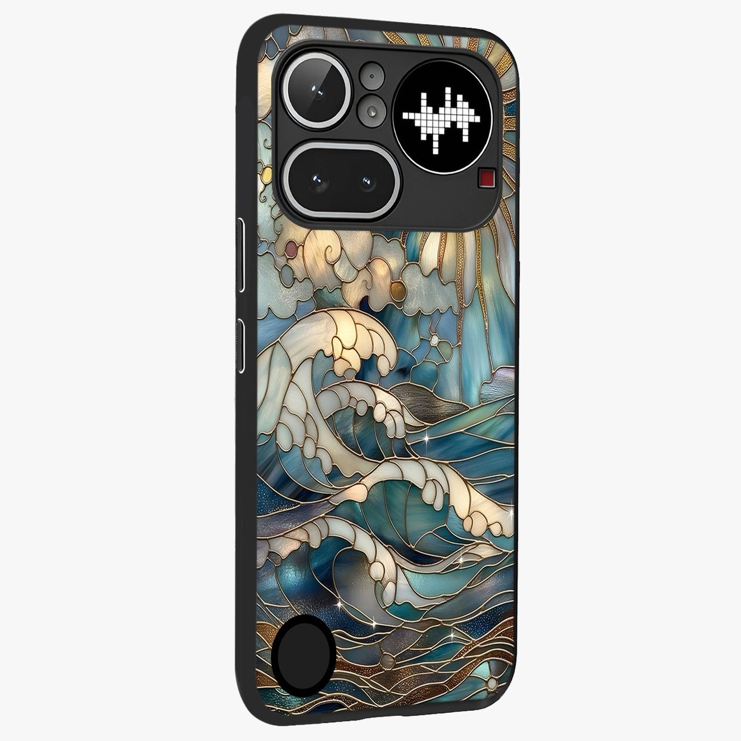 Oceanic Stained Printed Glass Case upright view showcasing decorative ocean pattern artwork with vibrant marine theme.
