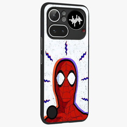 Omg Spiderman Glass Case upright view showcasing energetic superhero artwork with vibrant comic theme.