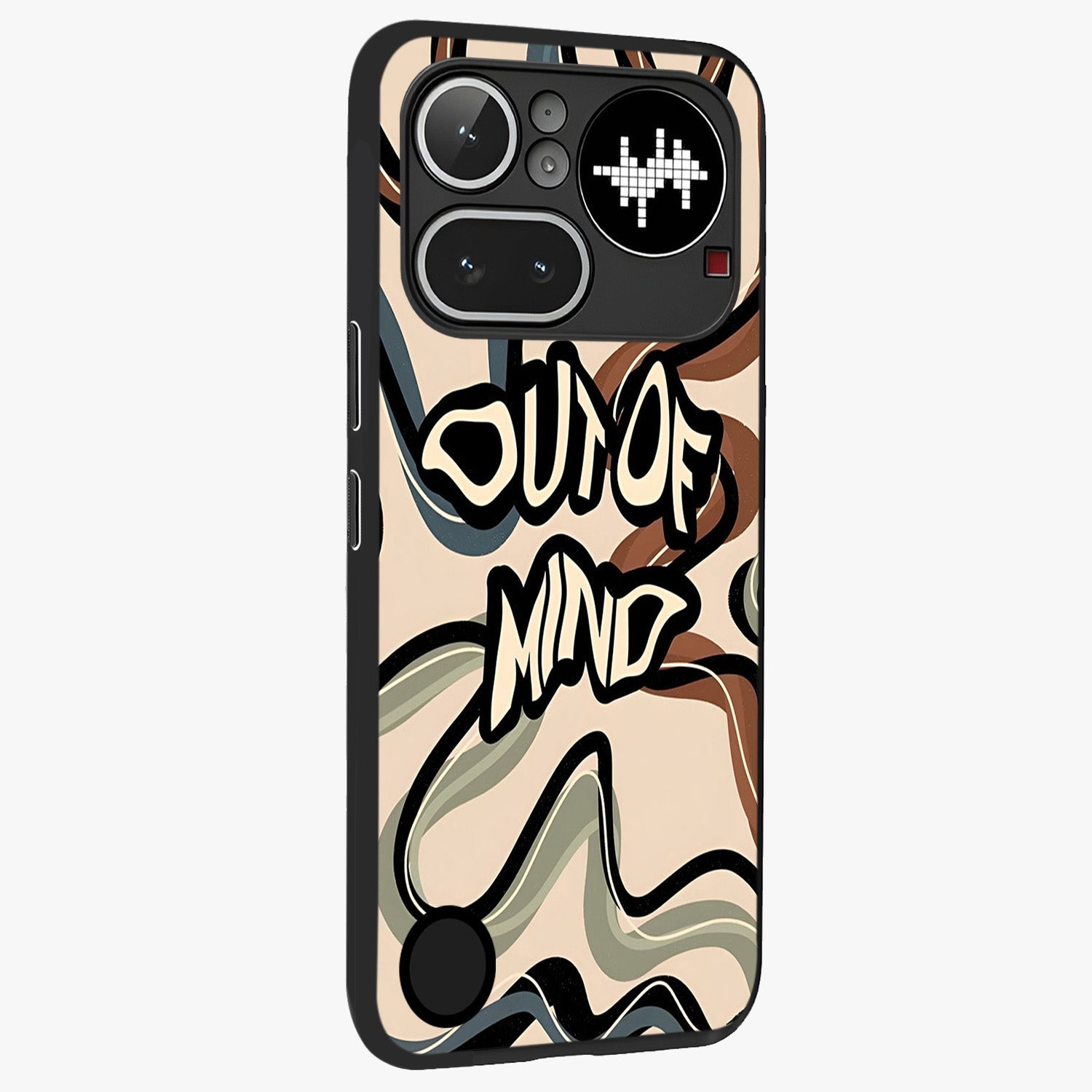 Out Of Mind Glass Case upright view showcasing striking typography artwork with edgy conceptual theme.