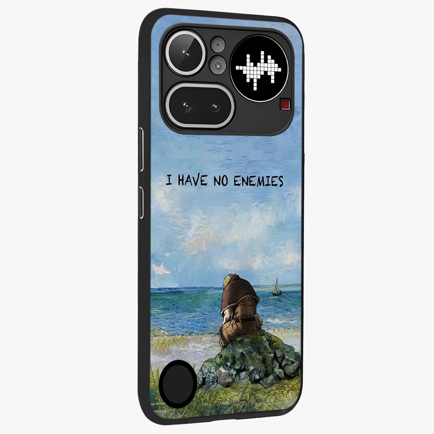 Peace Beyond War Glass Case upright view showcasing powerful peace symbol artwork with inspirational theme.
