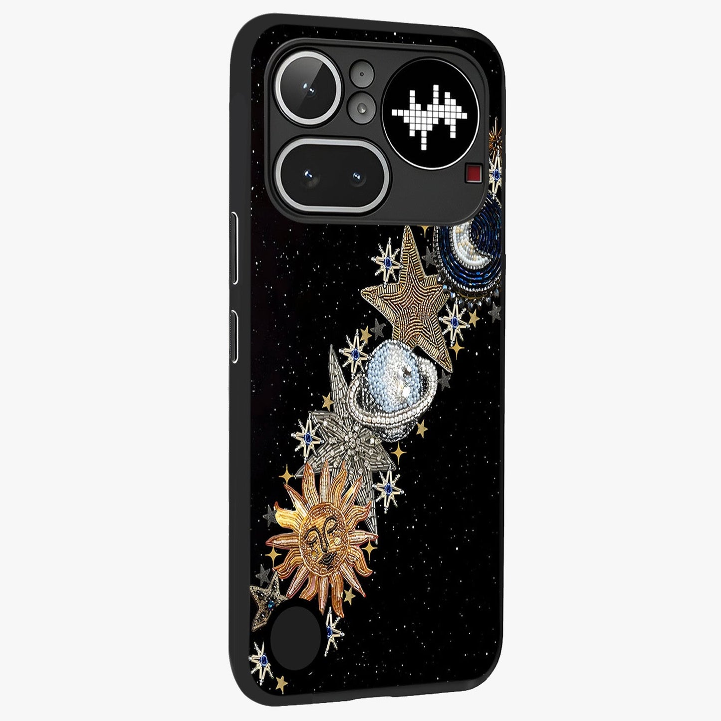 Pearls Universe Object Glass Case upright view showcasing decorative pearl themed artwork with cosmic elegance.
