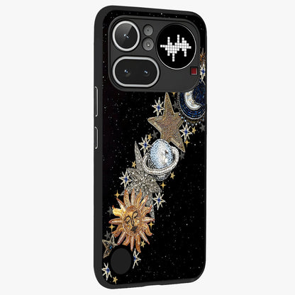 Pearls Universe Object Glass Case upright view showcasing decorative pearl themed artwork with cosmic elegance.