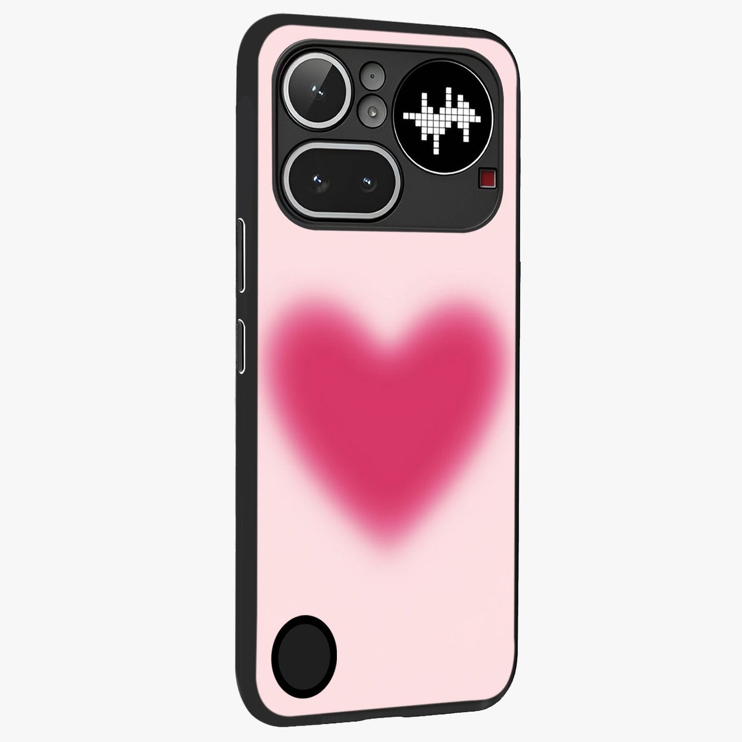 Pink Aura Heart Glass Case upright view showcasing romantic heart artwork with soft pastel theme.