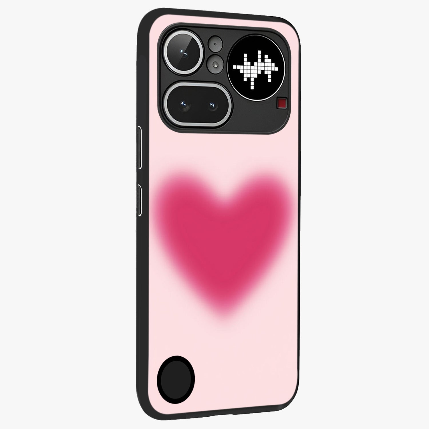 Pink Aura Heart Glass Case upright view showcasing romantic heart artwork with soft pastel theme.