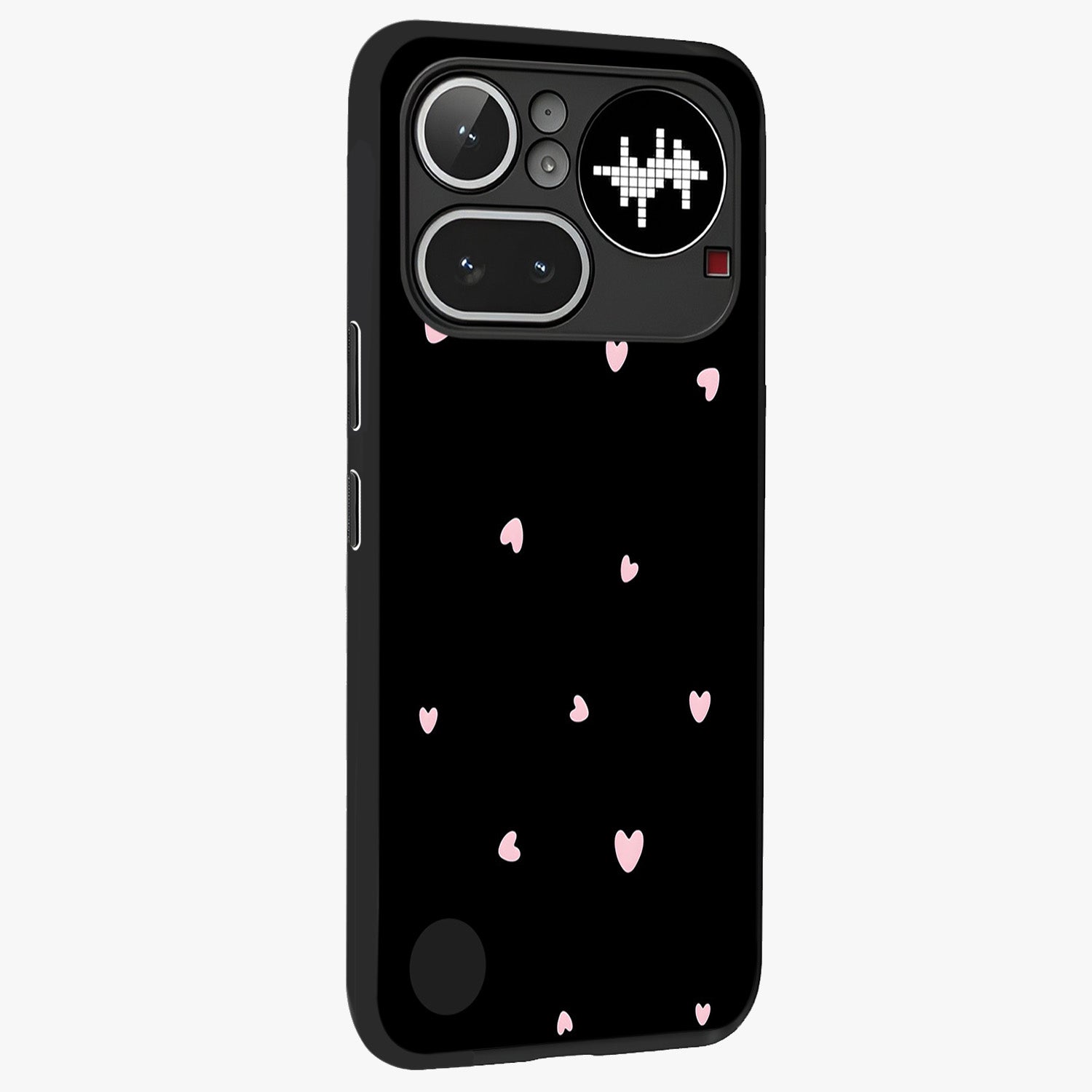 Pink Love Drops Glass Case upright view showcasing charming heart drop artwork with romantic playful theme.