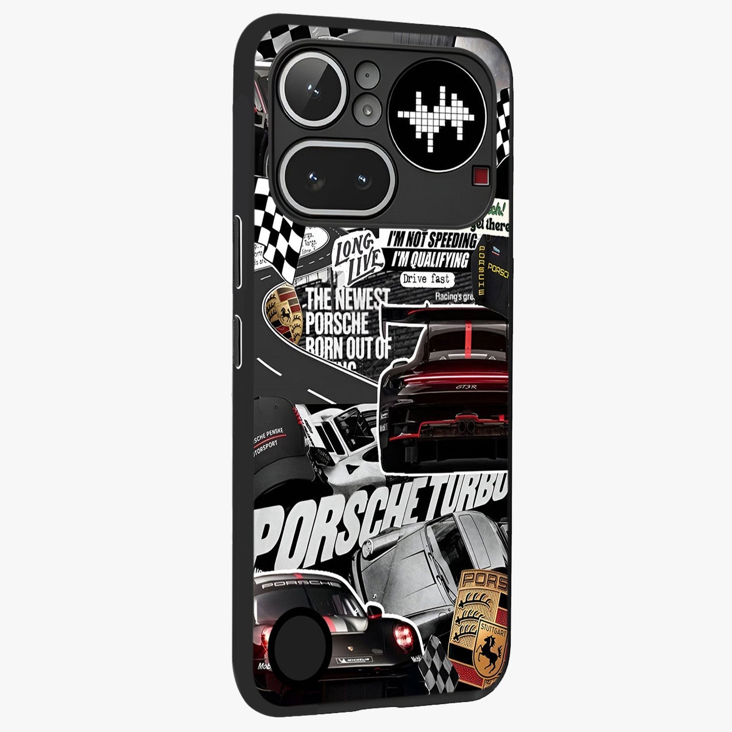 Porsche Racing Collage Glass Case upright view showcasing energetic car collage artwork with high speed racing theme.