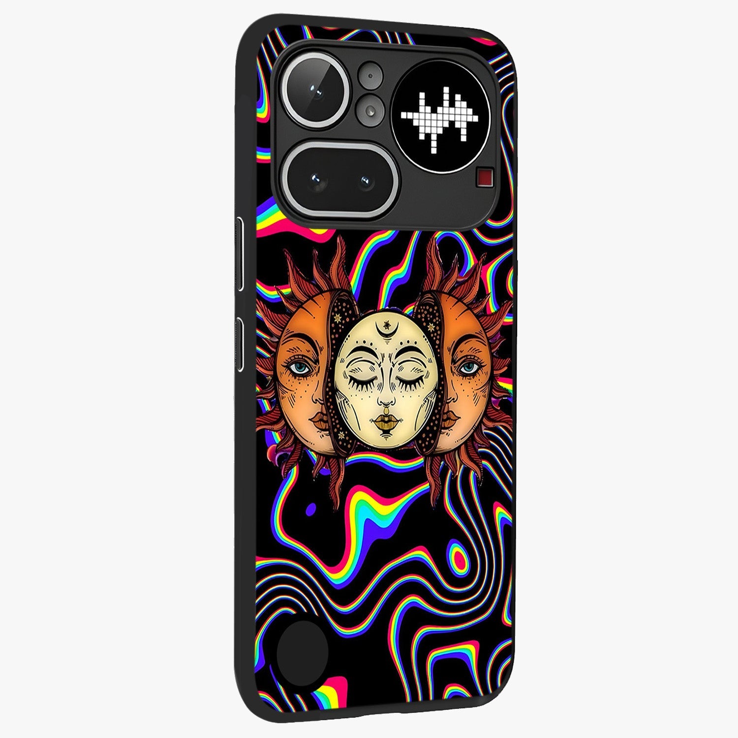 Psychedelic Sun Glass Case upright view showcasing trippy sun artwork with bold psychedelic theme.