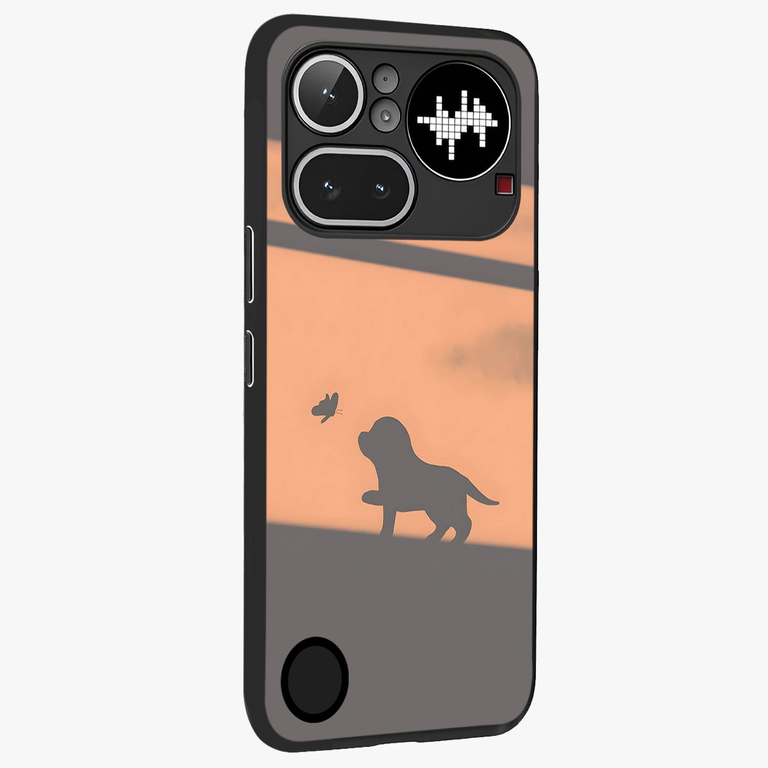 Puppy Shadow Art Glass Case upright view showcasing charming puppy artwork with creative silhouette theme.