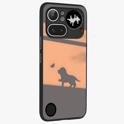 Puppy Shadow Art Glass Case upright view showcasing charming puppy artwork with creative silhouette theme.