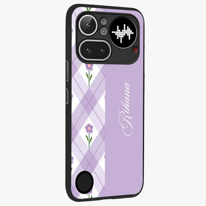 Purple Diamond Floral Glass Case upright view showcasing vibrant floral artwork with stylish geometric theme.