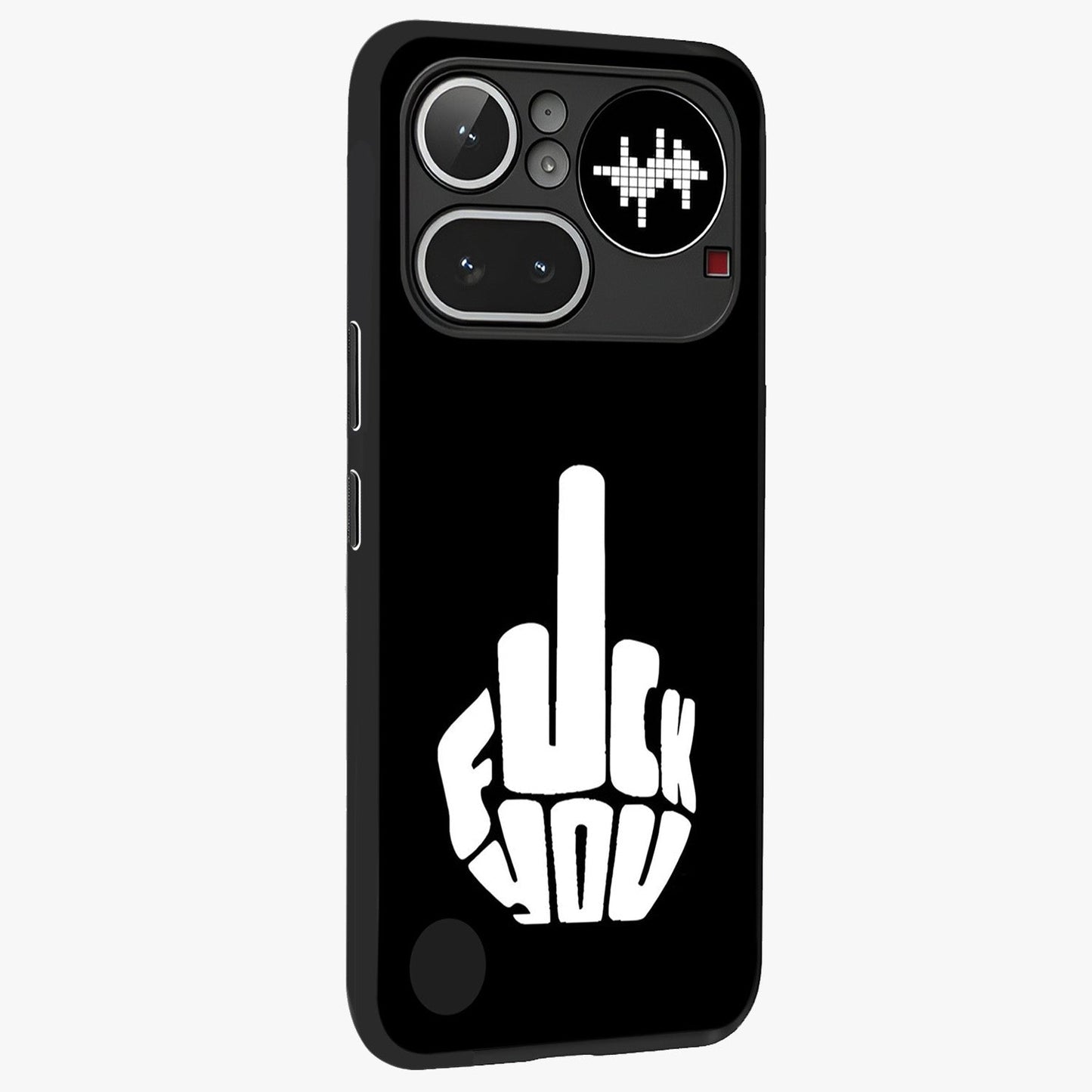 Rebel Mode On Glass Case upright view showcasing striking statement artwork with bold rebellious theme.
