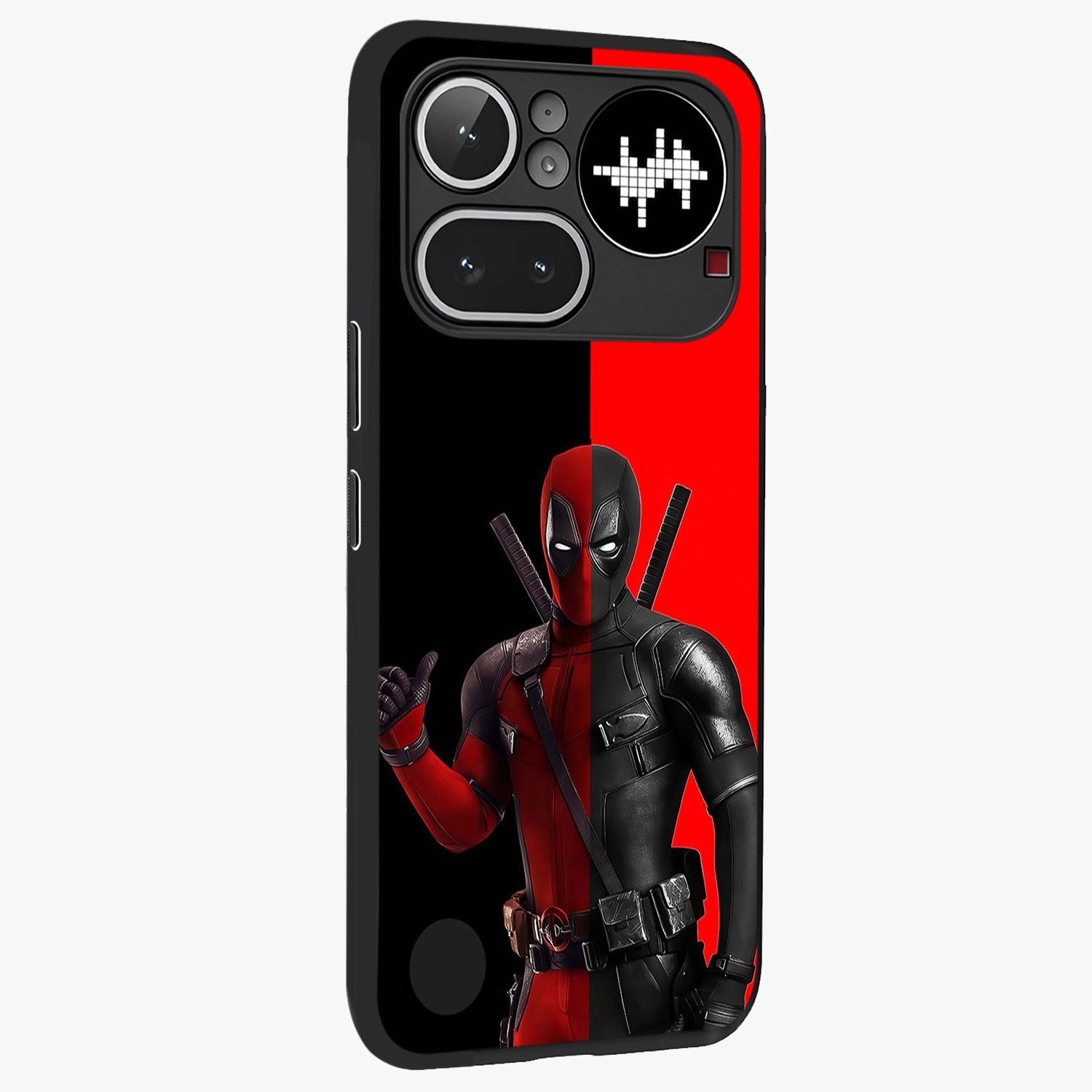 Red & Black Deadpool Theme Glass Case upright view showcasing energetic comic themed artwork with striking red and black design.