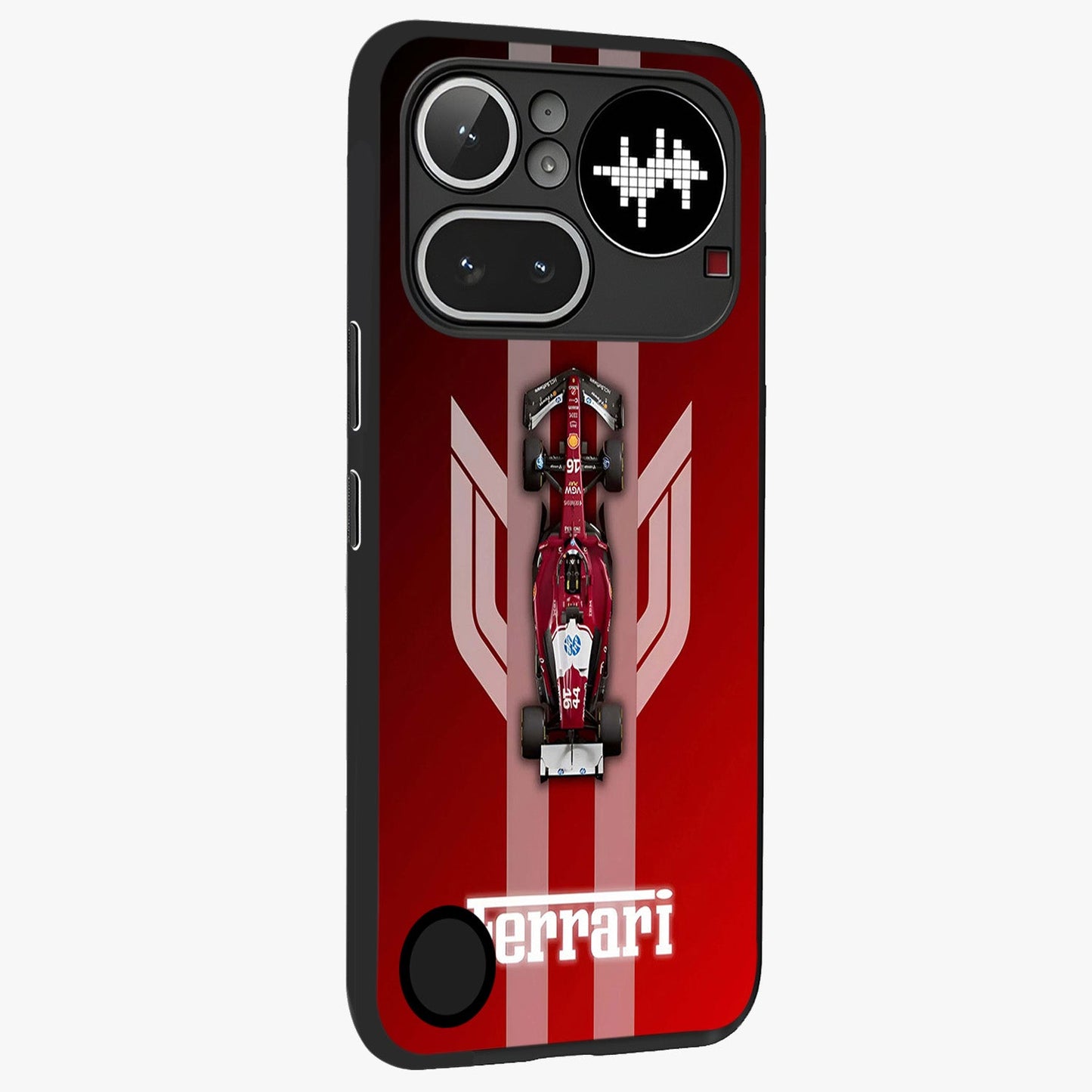 Red Ferrari F1 Vertical Glass Case upright view showcasing powerful Formula car artwork with dynamic motorsport theme.