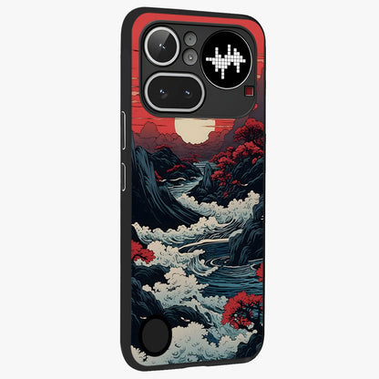 Red Sunset Scenery Glass Case upright view showcasing dramatic sunset scenery artwork with warm nature theme.