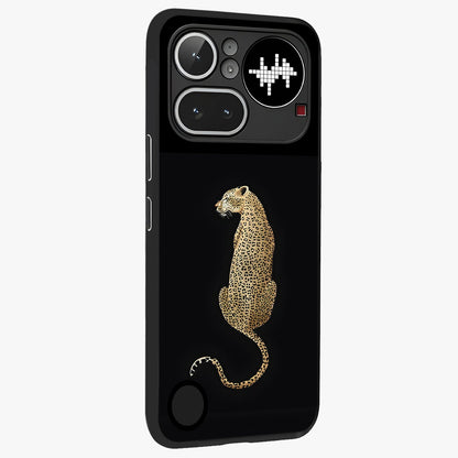 Regal Leopard Glass Case upright view showcasing striking leopard artwork with fierce wildlife theme.