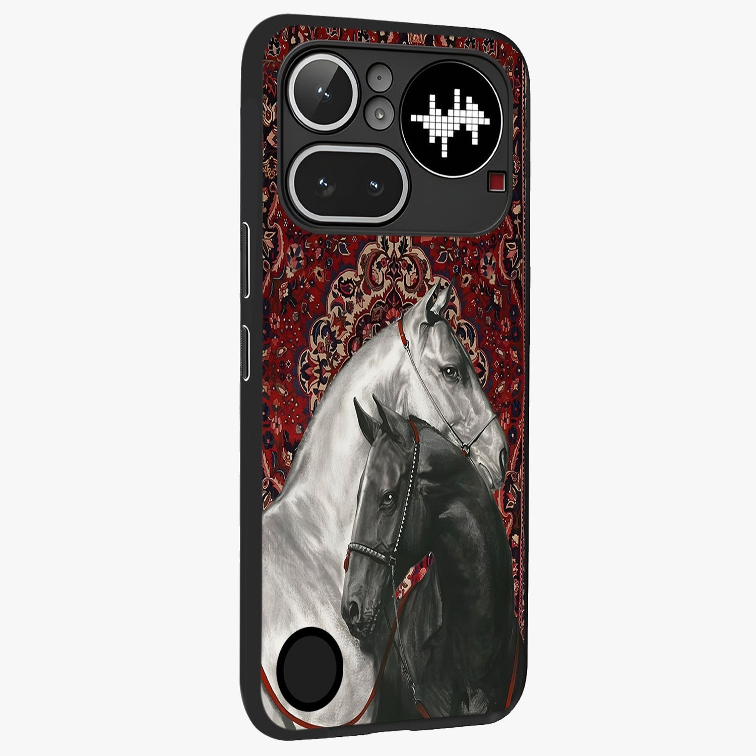 Regal Stallion Tapestry Glass Case upright view showcasing powerful horse artwork with elegant tapestry theme.