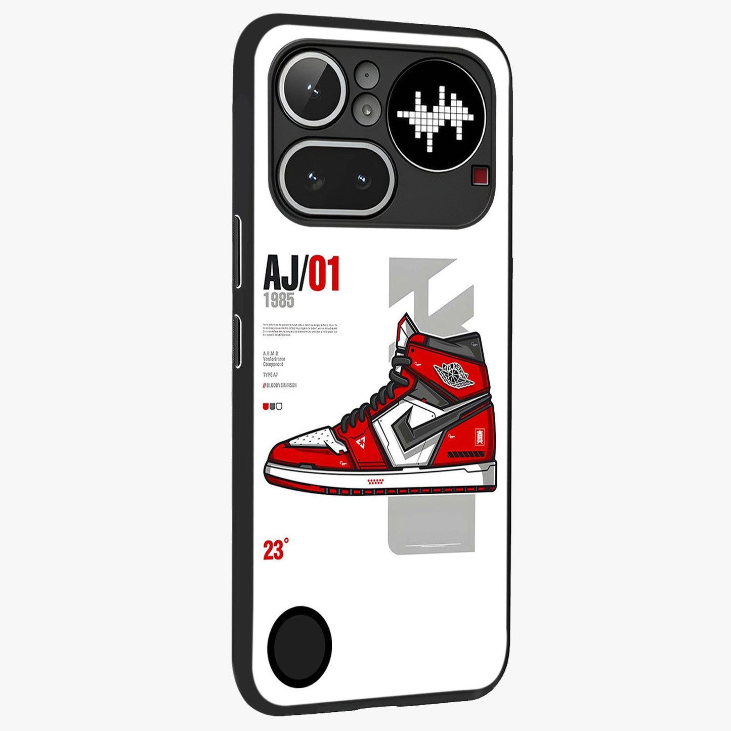 Retro Sneaker Blueprint Glass Case upright view showcasing stylish sneaker illustration with vintage streetwear theme.