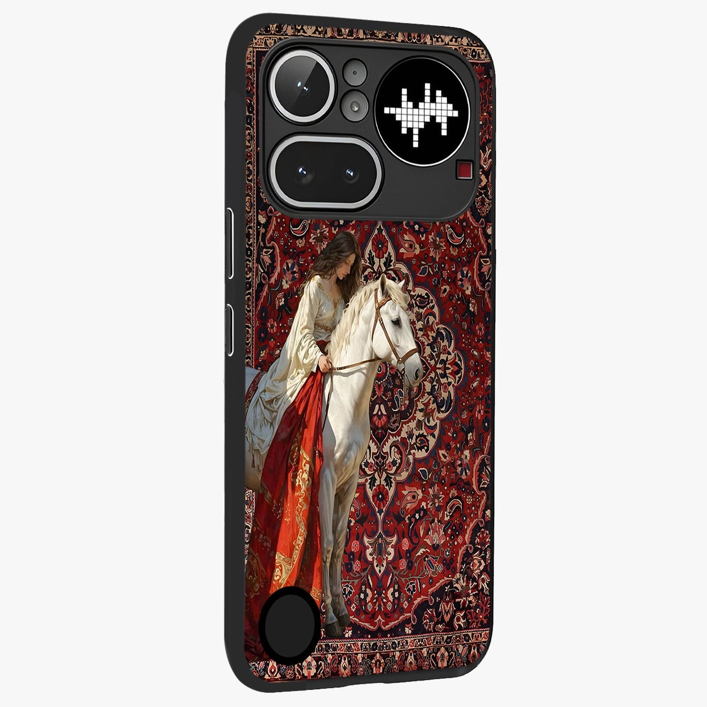 Royal Rider Tapestry Glass Case upright view showcasing detailed rider artwork with classic tapestry theme.