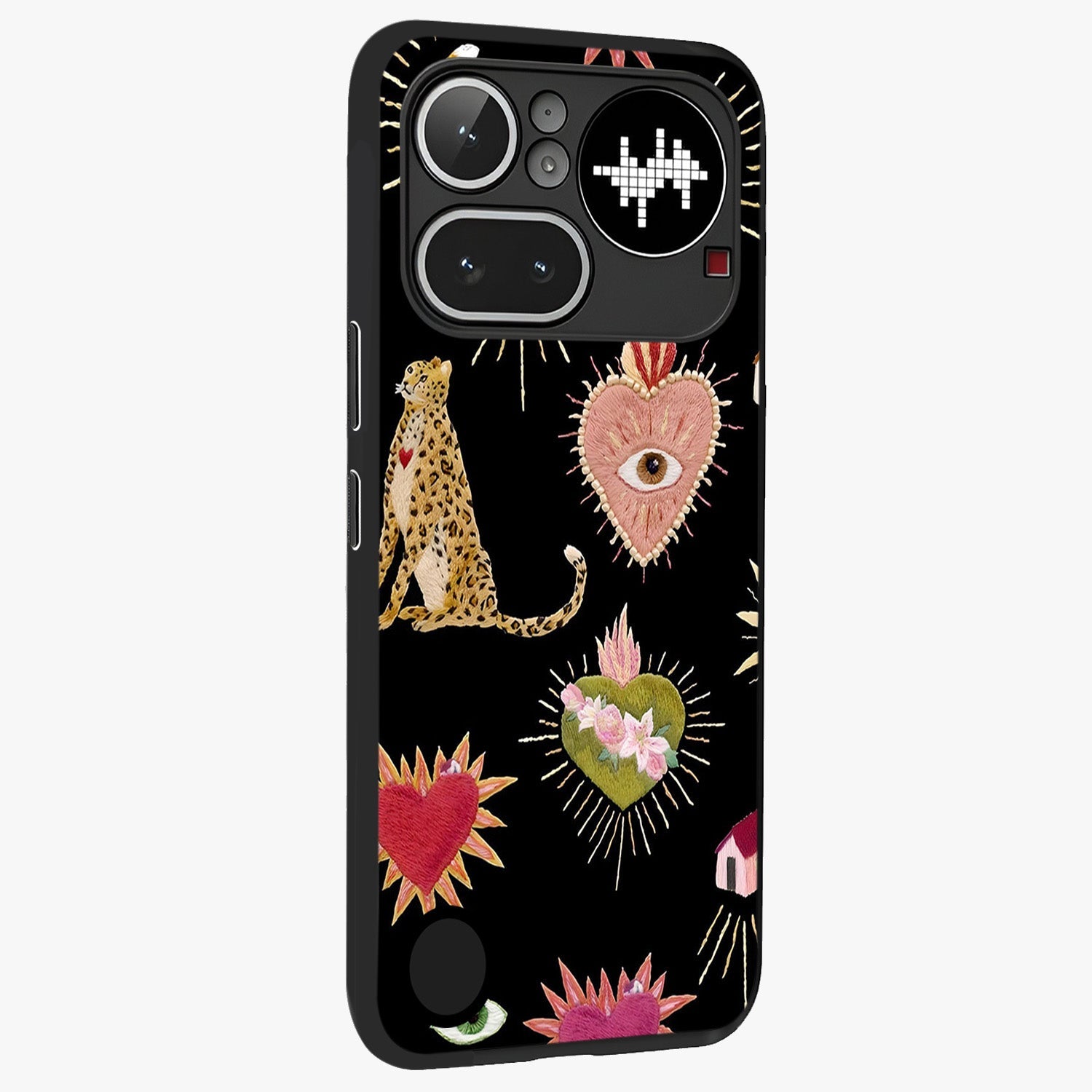 Sacred Jungle Heart Glass Case upright view showcasing vibrant jungle artwork with symbolic heart theme.