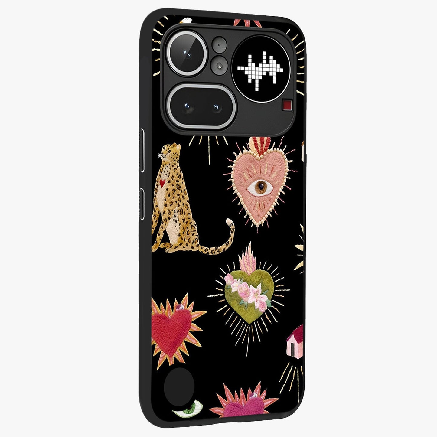 Sacred Jungle Heart Glass Case upright view showcasing vibrant jungle artwork with symbolic heart theme.