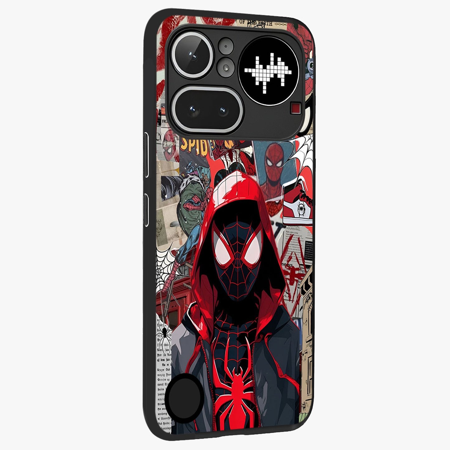 Spider Collage Street Glass Case upright view showcasing bold superhero artwork with urban street theme.