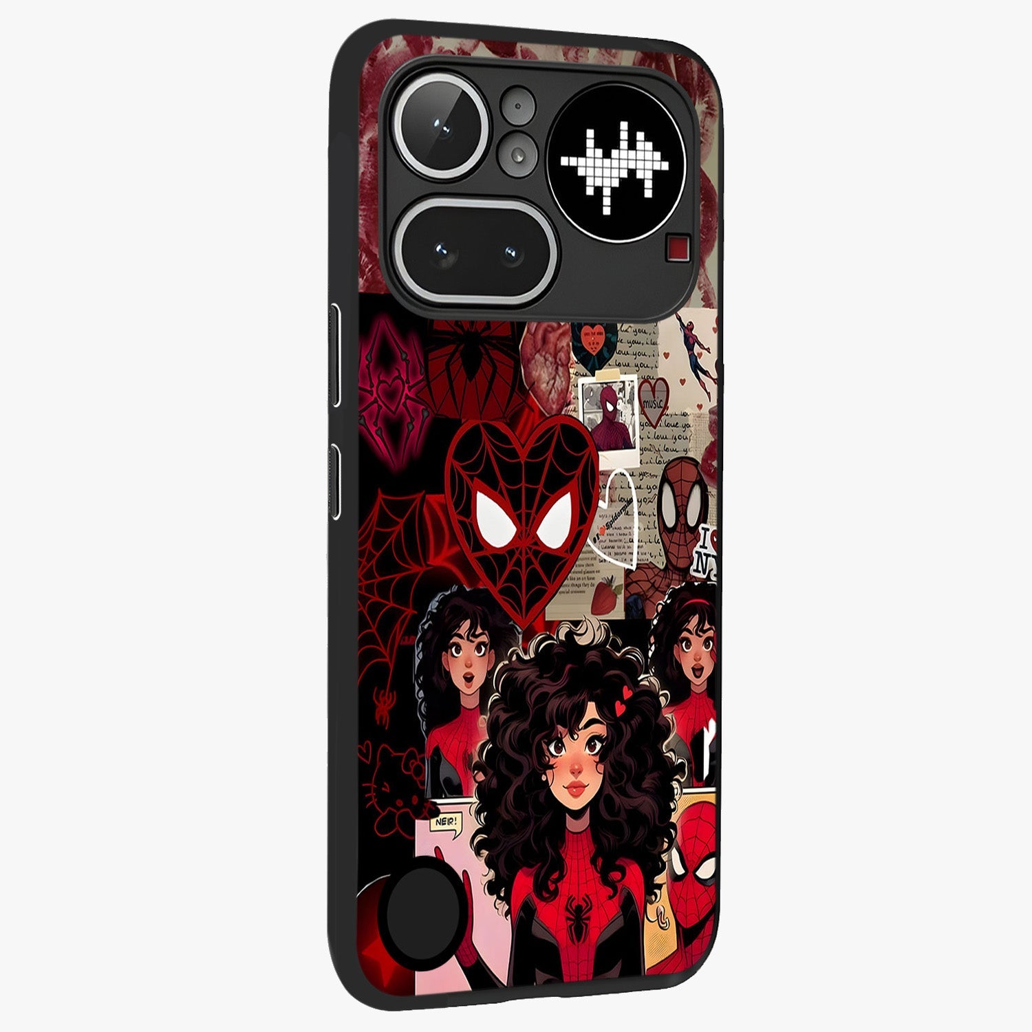 Spider Love Story Glass Case upright view showcasing charming superhero artwork with romantic comic theme.