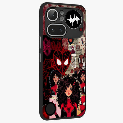 Spider Love Story Glass Case upright view showcasing charming superhero artwork with romantic comic theme.