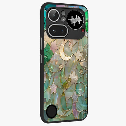 Stained Sunrise Glow Glass Case upright view showcasing colorful sunrise artwork with warm morning theme.