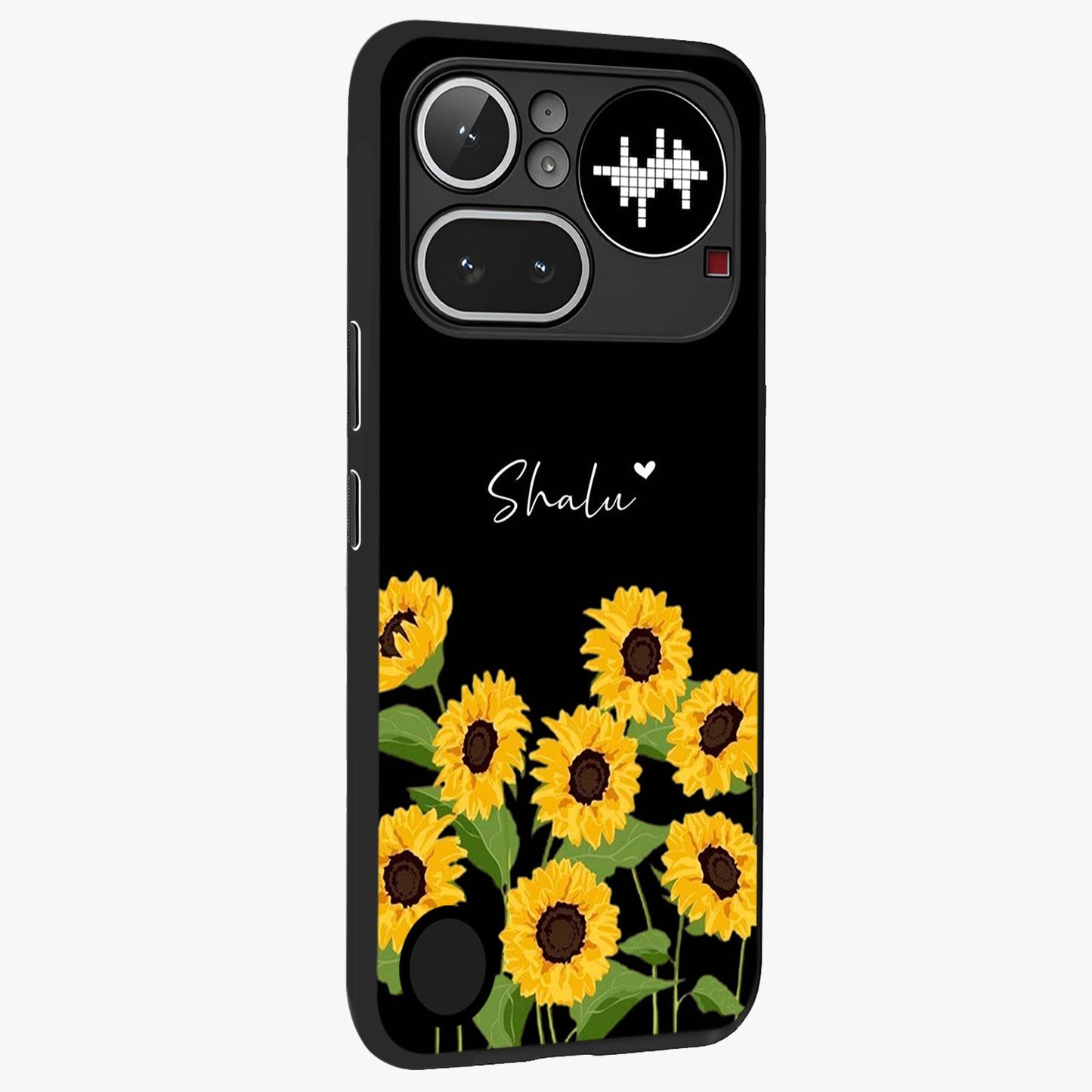 Sunflower Chic Mood Custom Name Glass Case upright view showcasing cheerful sunflower artwork with trendy floral theme.